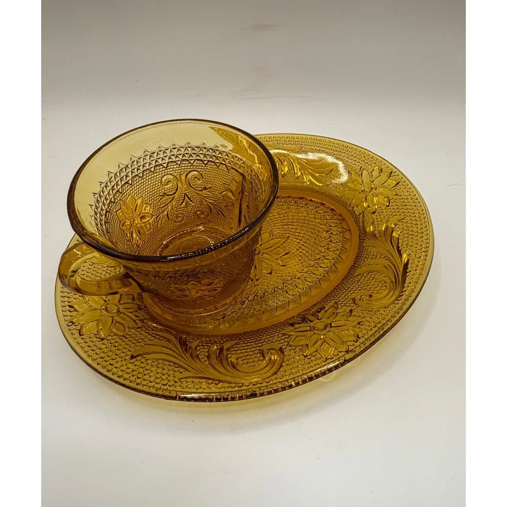 Tiara Indiana Glass Sandwich Amber Snack Set Tea Cup Plate Vintage Amber Gold